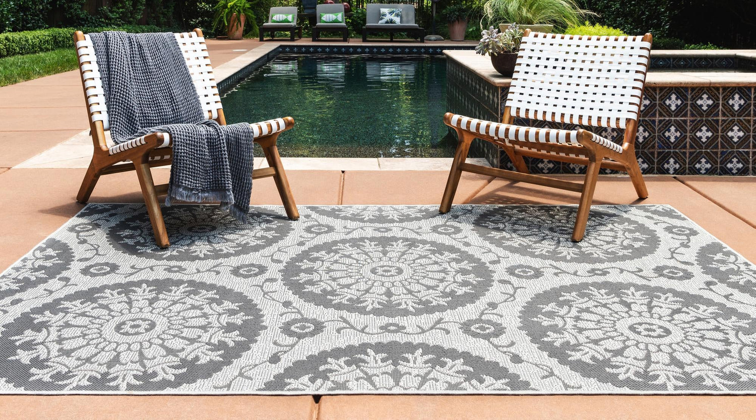 Gray 5' 3 x 8' Outdoor Botanical Rectangle Area Rug Weather Resistant for Patio, Deck, Terrace, Balcony, Porch