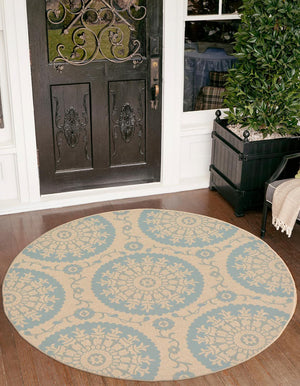Aqua 6' 1 x 6' 1 Outdoor Botanical Round Rug