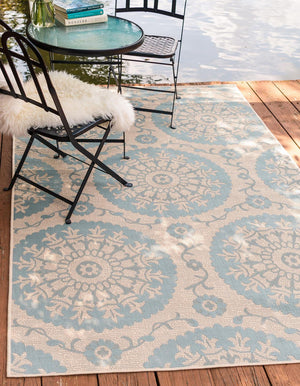 Aqua 5' 3 x 8' Outdoor Botanical Rectangle Rug