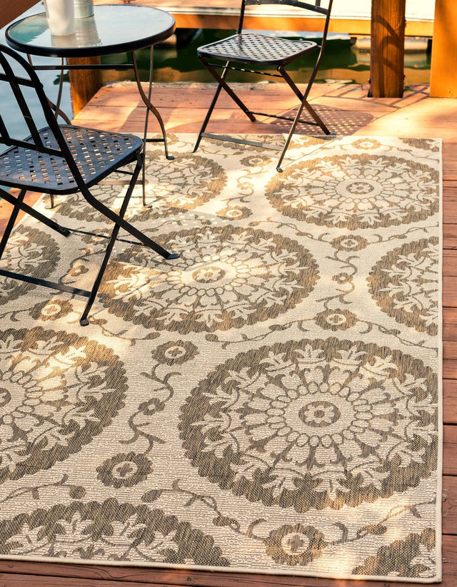Brown 8' x 11' 4 Outdoor Botanical Rectangle Area Rug Weather Resistant for Patio, Deck, Terrace, Balcony, Porch Polypropylene Garden Floral Tropical Carpet for Sale at Rug Engine