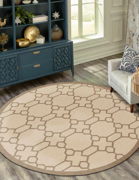 Beige 6' 1 x 6' 1 Outdoor Trellis Round Rug