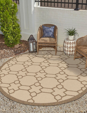 Beige 6' 1 x 6' 1 Outdoor Trellis Round Rug