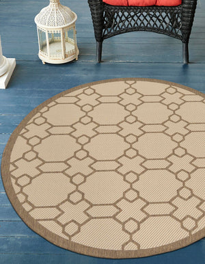 Beige 6' 1 x 6' 1 Outdoor Trellis Round Rug