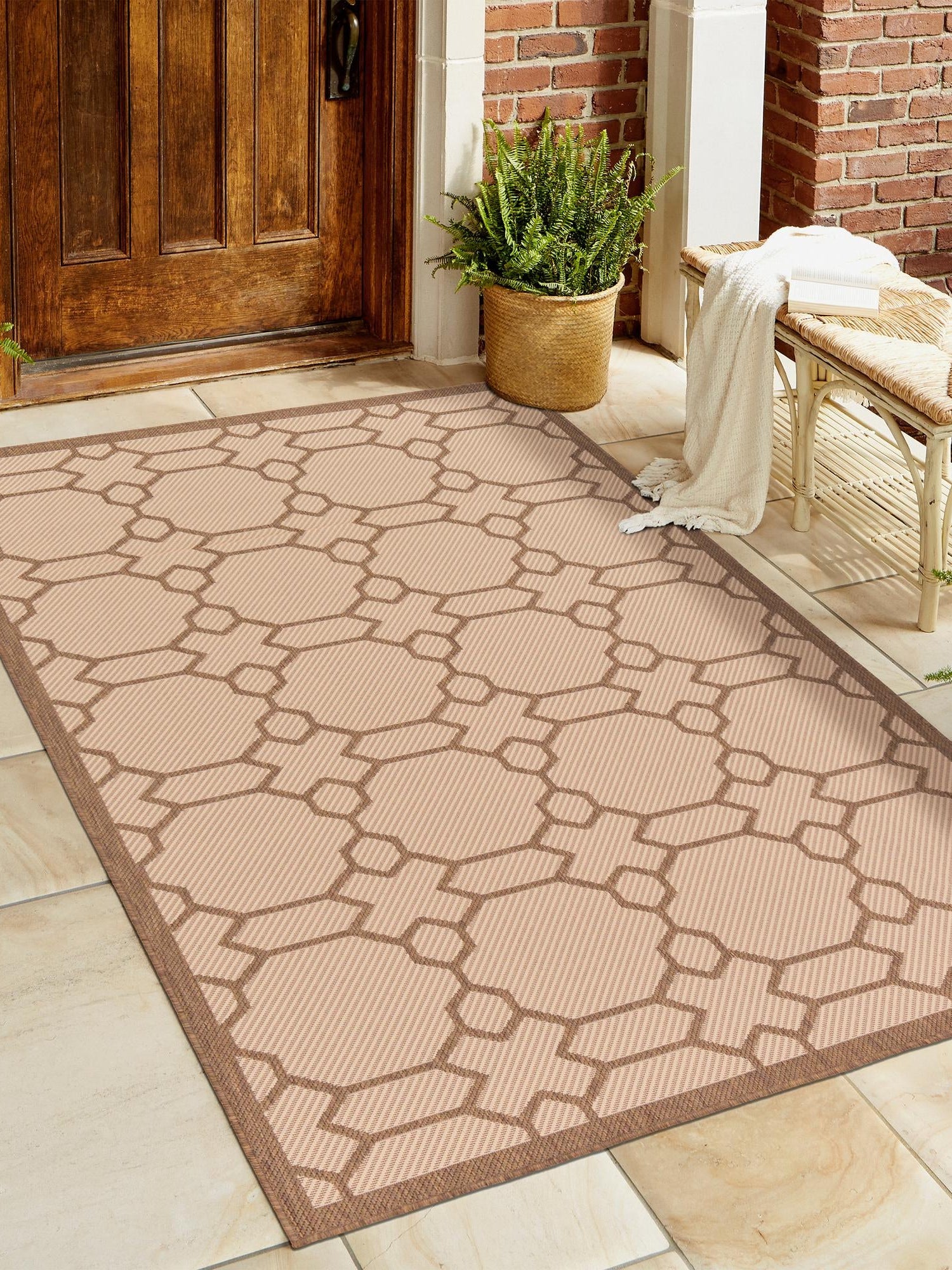 Beige 5' 3 x 8' Outdoor Trellis Rectangle Area Rug Weather Resistant for Patio, Deck, Terrace, Balcony, Porch Geometric Design Water Safe Outside Carpet for Sale at Rug Engine