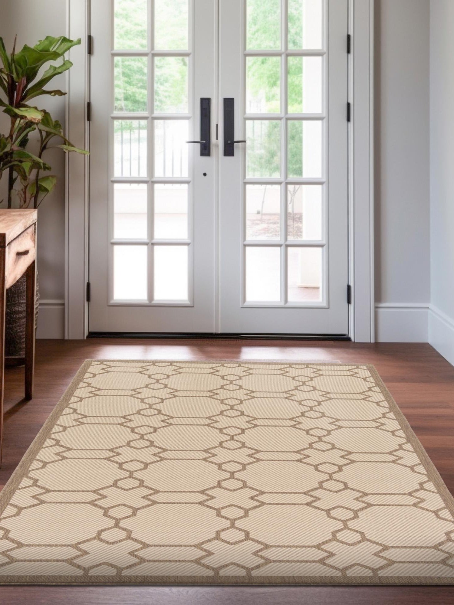 Beige 5' 3 x 8' Outdoor Trellis Rectangle Area Rug Weather Resistant for Patio, Deck, Terrace, Balcony, Porch Geometric Design Water Safe Outside Carpet for Sale at Rug Engine