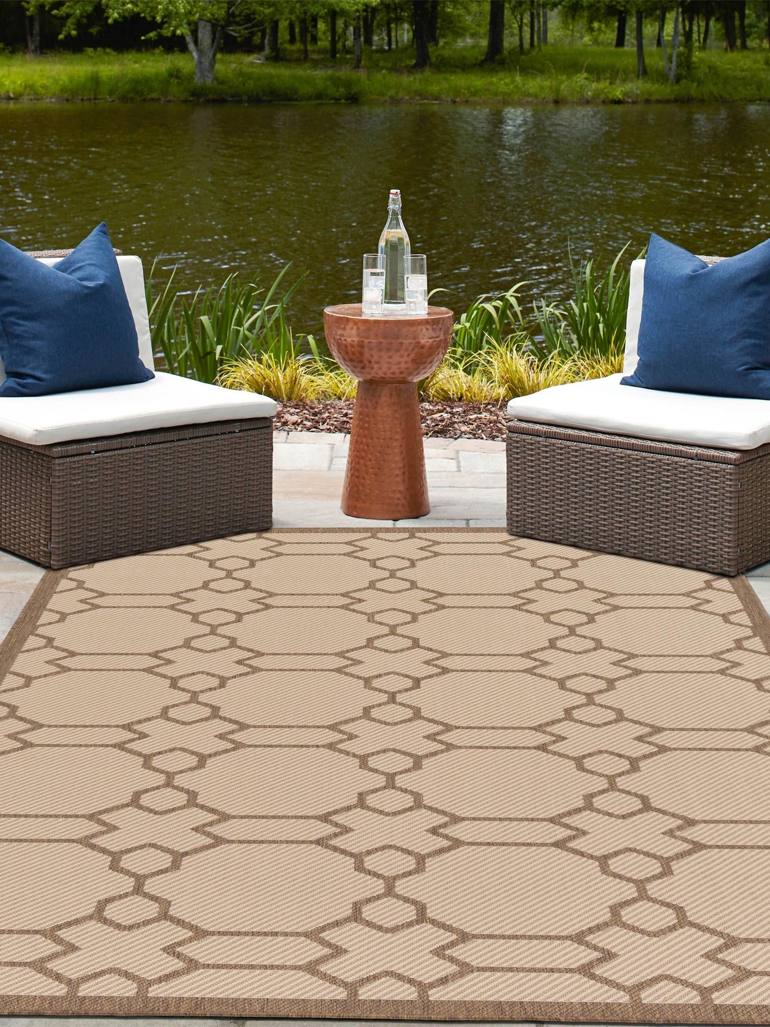 Beige 5' 3 x 8' Outdoor Trellis Rectangle Area Rug Weather Resistant for Patio, Deck, Terrace, Balcony, Porch Geometric Design Water Safe Outside Carpet for Sale at Rug Engine