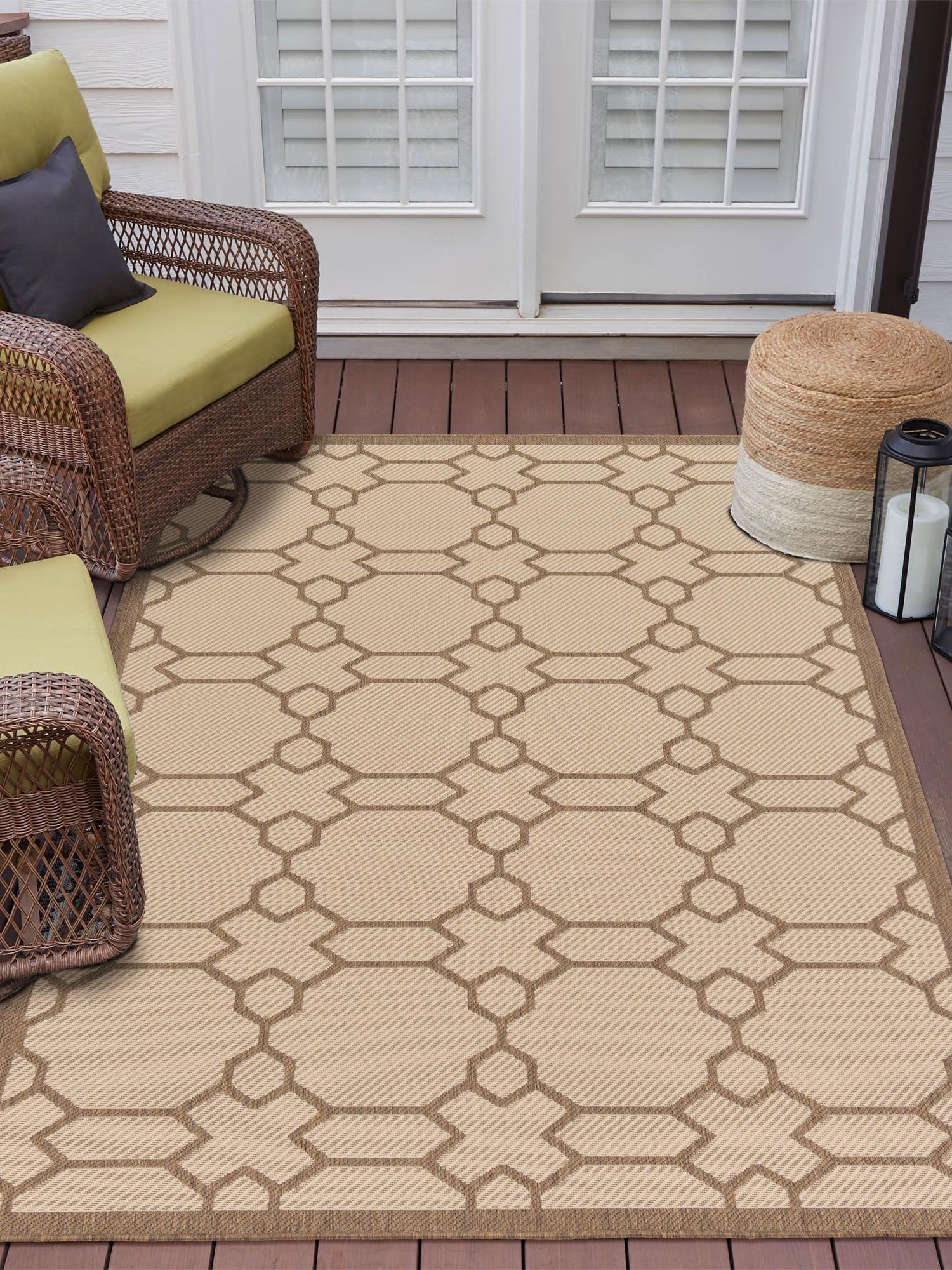 Beige 5' 3 x 8' Outdoor Trellis Rectangle Area Rug Weather Resistant for Patio, Deck, Terrace, Balcony, Porch Geometric Design Water Safe Outside Carpet for Sale at Rug Engine