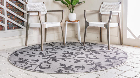 Gray 6' x 6' Outdoor Botanical Round Rug