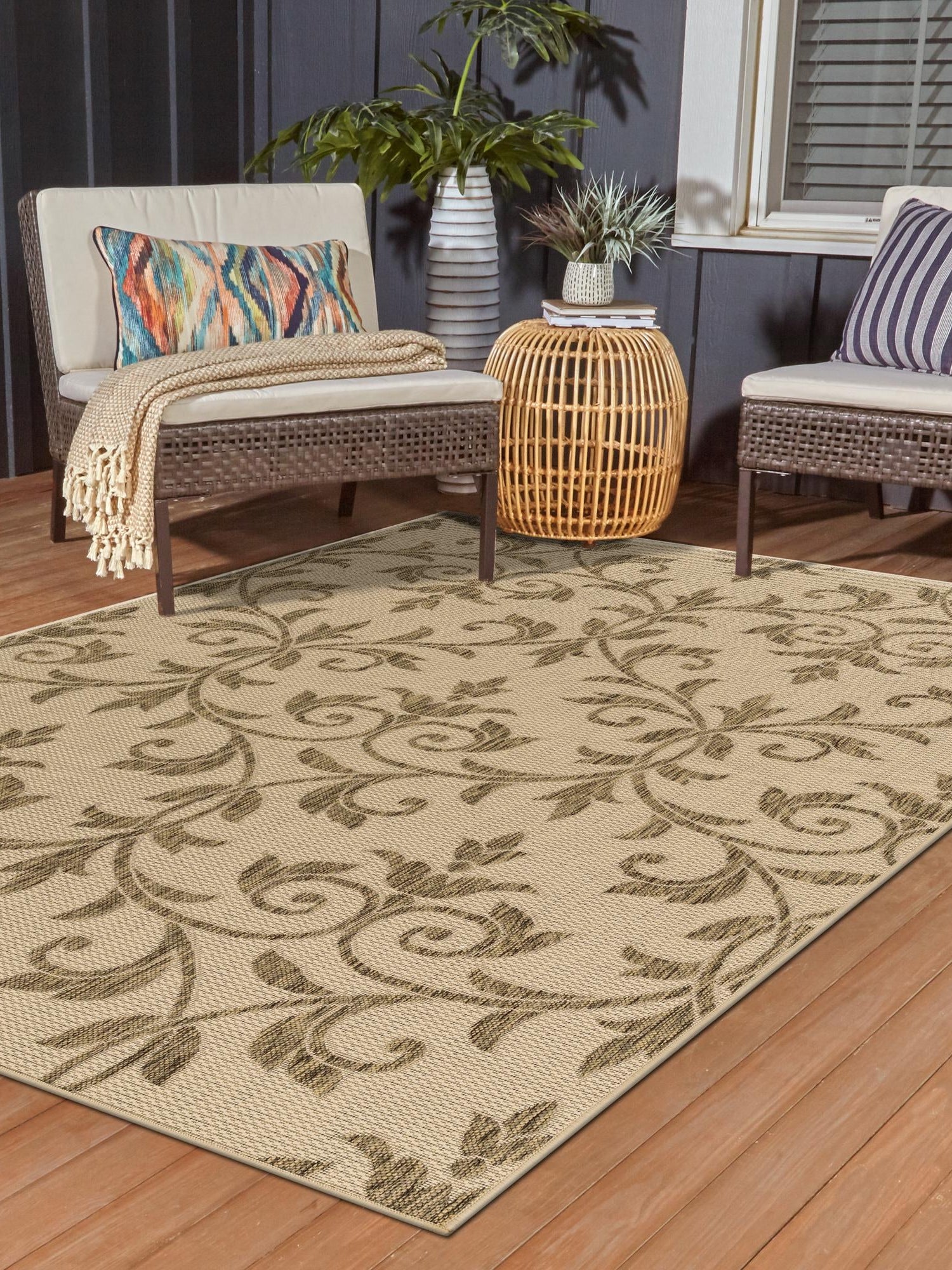 Beige 5' 3 x 8' Outdoor Botanical Rectangle Area Rug Weather Resistant for Patio, Deck, Terrace, Balcony, Porch Polypropylene Garden Floral Tropical Carpet for Sale at Rug Engine