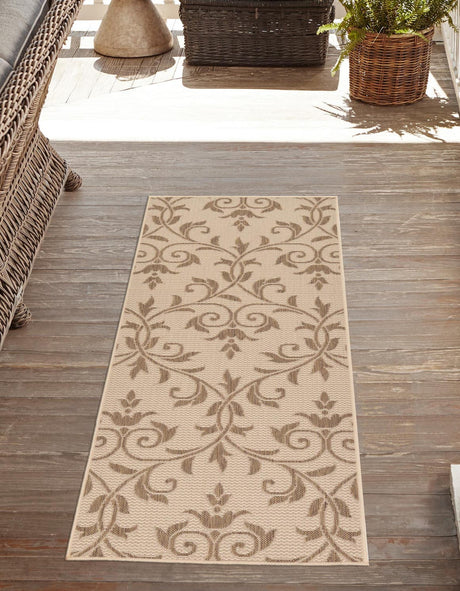 Beige 2' 2 x 6' Outdoor Botanical Runner Rug