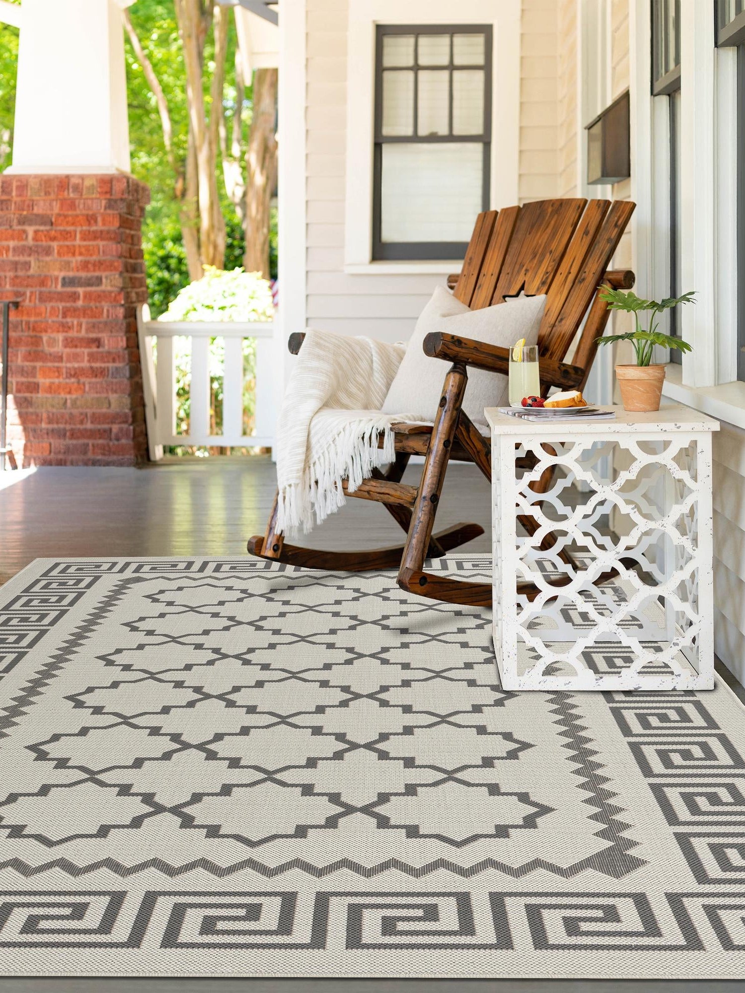 Gray 5' 3 x 8' Outdoor Trellis Rectangle Area Rug Weather Resistant for Patio, Deck, Terrace, Balcony, Porch Geometric Design Water Safe Outside Carpet for Sale at Rug Engine
