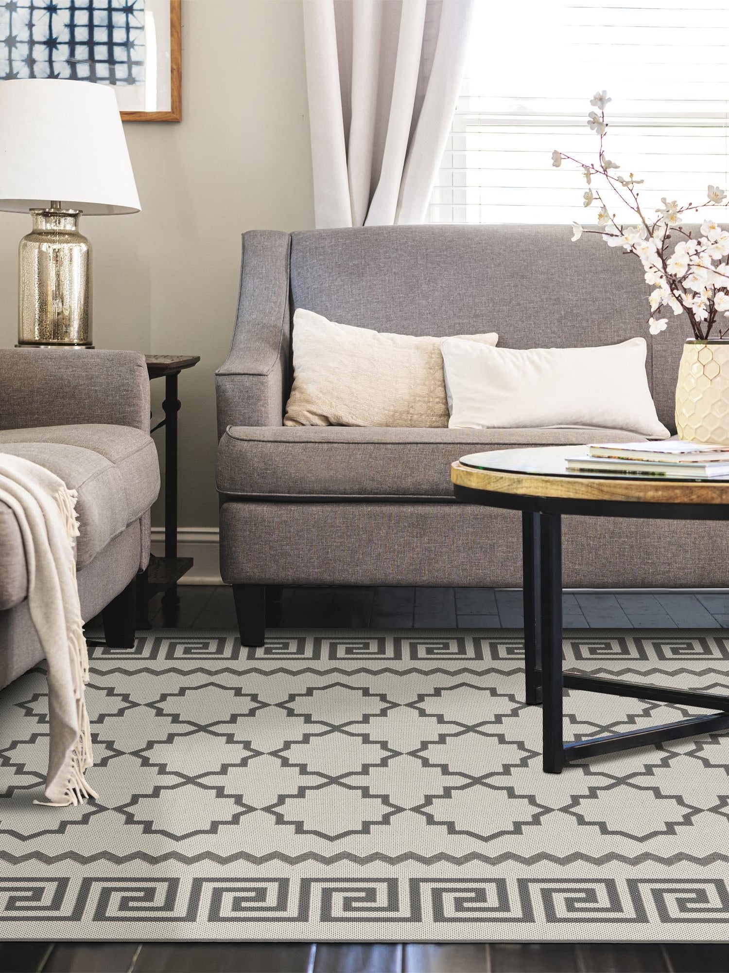 Gray 5' 3 x 8' Outdoor Trellis Rectangle Area Rug Weather Resistant for Patio, Deck, Terrace, Balcony, Porch Geometric Design Water Safe Outside Carpet for Sale at Rug Engine
