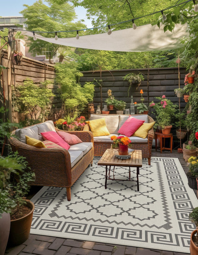 Gray 6' 1 x 9' Outdoor Trellis Rectangle Area Rug Weather Resistant for Patio, Deck, Terrace, Balcony, Porch Geometric Design Water Safe Outside Carpet for Sale at Rug Engine