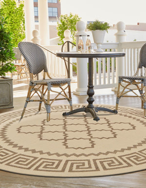 Beige 6' 1 x 6' 1 Outdoor Trellis Round Area Rug Weather Resistant for Patio, Deck, Terrace, Balcony, Porch