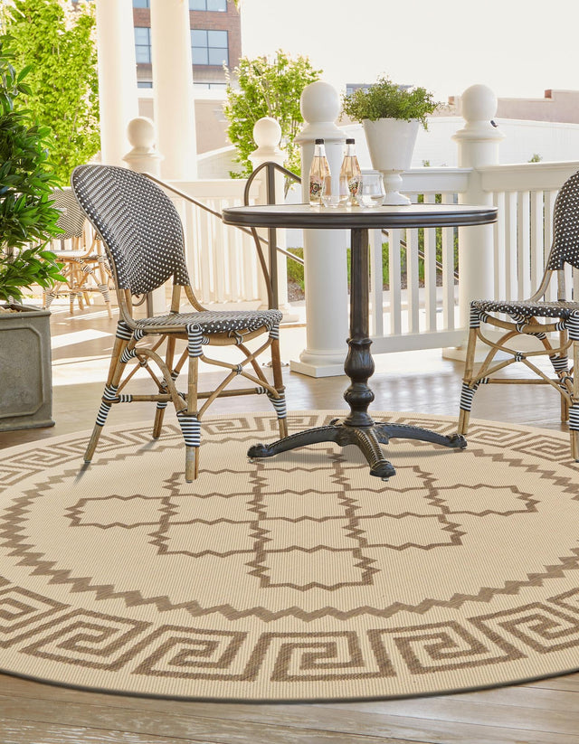 Beige 6' 1 x 6' 1 Outdoor Trellis Round Area Rug Weather Resistant for Patio, Deck, Terrace, Balcony, Porch
