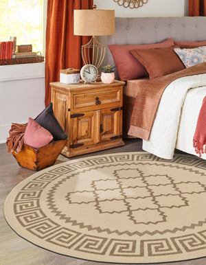 Beige 6' 1 x 6' 1 Outdoor Trellis Round Area Rug Weather Resistant for Patio, Deck, Terrace, Balcony, Porch