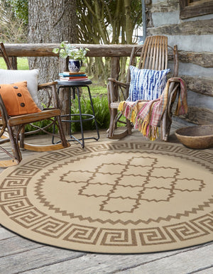 Beige 6' 1 x 6' 1 Outdoor Trellis Round Area Rug Weather Resistant for Patio, Deck, Terrace, Balcony, Porch