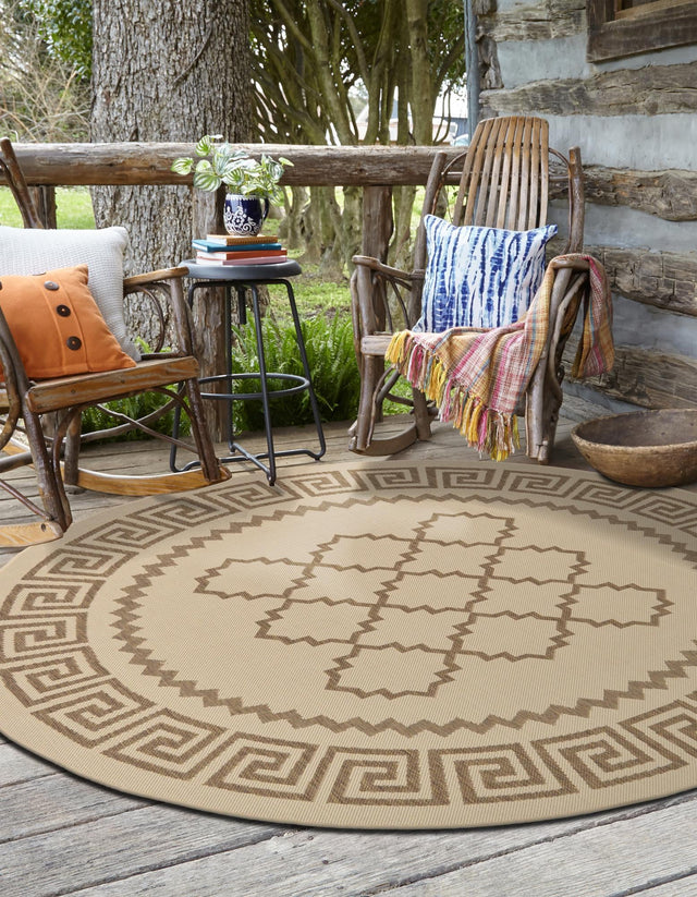 Beige 6' 1 x 6' 1 Outdoor Trellis Round Area Rug Weather Resistant for Patio, Deck, Terrace, Balcony, Porch