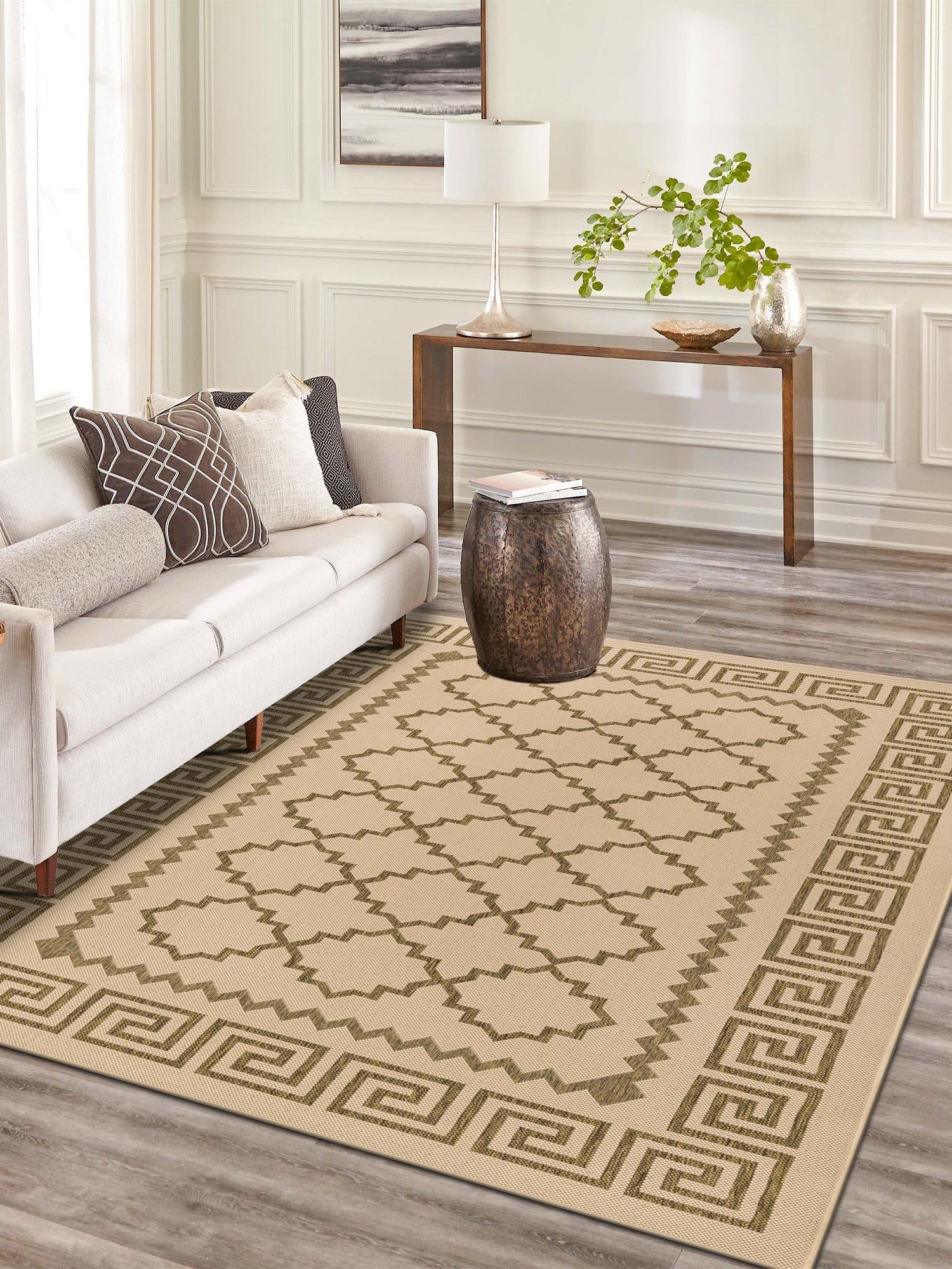 Beige 2' 2 x 3' 1 Outdoor Trellis Rectangle Area Rug Weather Resistant for Patio, Deck, Terrace, Balcony, Porch Geometric Design Water Safe Outside Carpet for Sale at Rug Engine