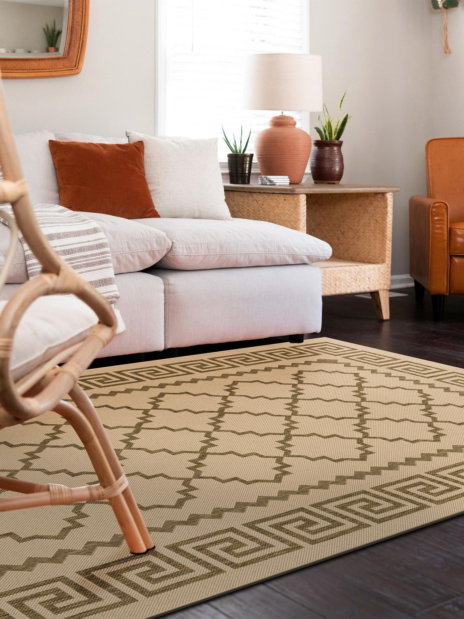 Beige 7' 1 x 10' Outdoor Trellis Rectangle Area Rug Weather Resistant for Patio, Deck, Terrace, Balcony, Porch Geometric Design Water Safe Outside Carpet for Sale at Rug Engine