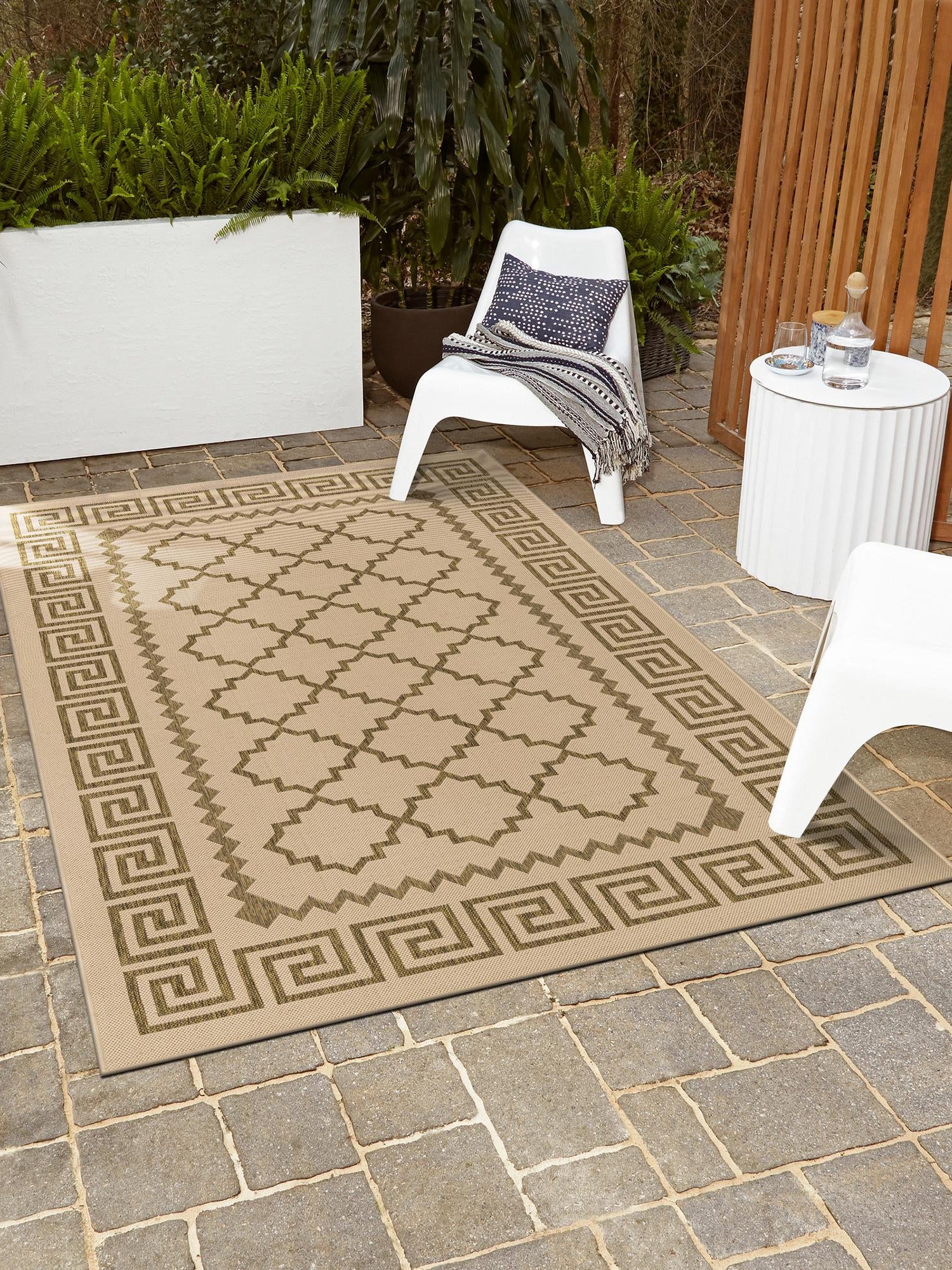 Beige 7' 1 x 10' Outdoor Trellis Rectangle Area Rug Weather Resistant for Patio, Deck, Terrace, Balcony, Porch Geometric Design Water Safe Outside Carpet for Sale at Rug Engine