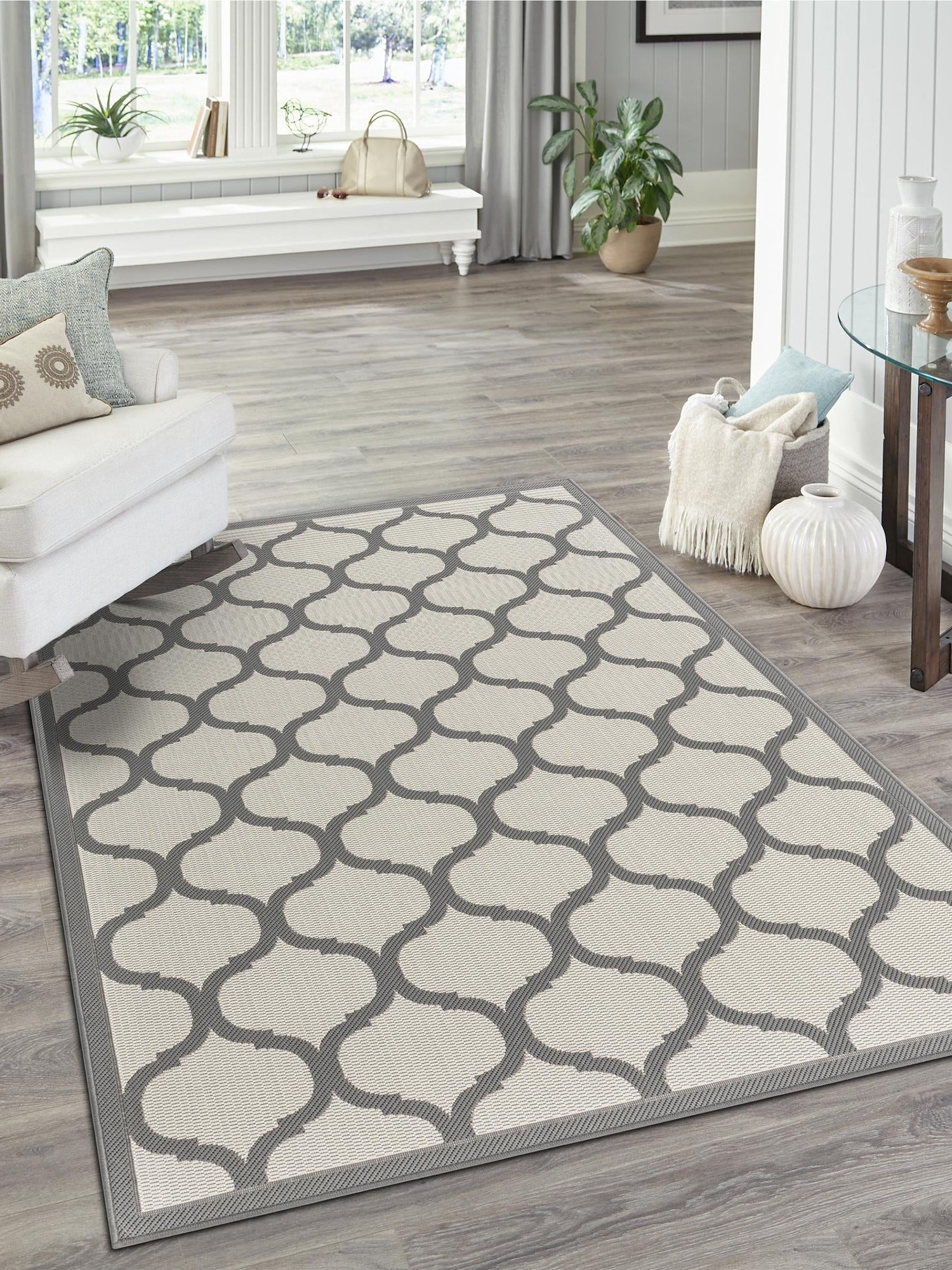 Gray 5' 3 x 8' Outdoor Trellis Rectangle Area Rug Weather Resistant for Patio, Deck, Terrace, Balcony, Porch Geometric Design Water Safe Outside Carpet for Sale at Rug Engine