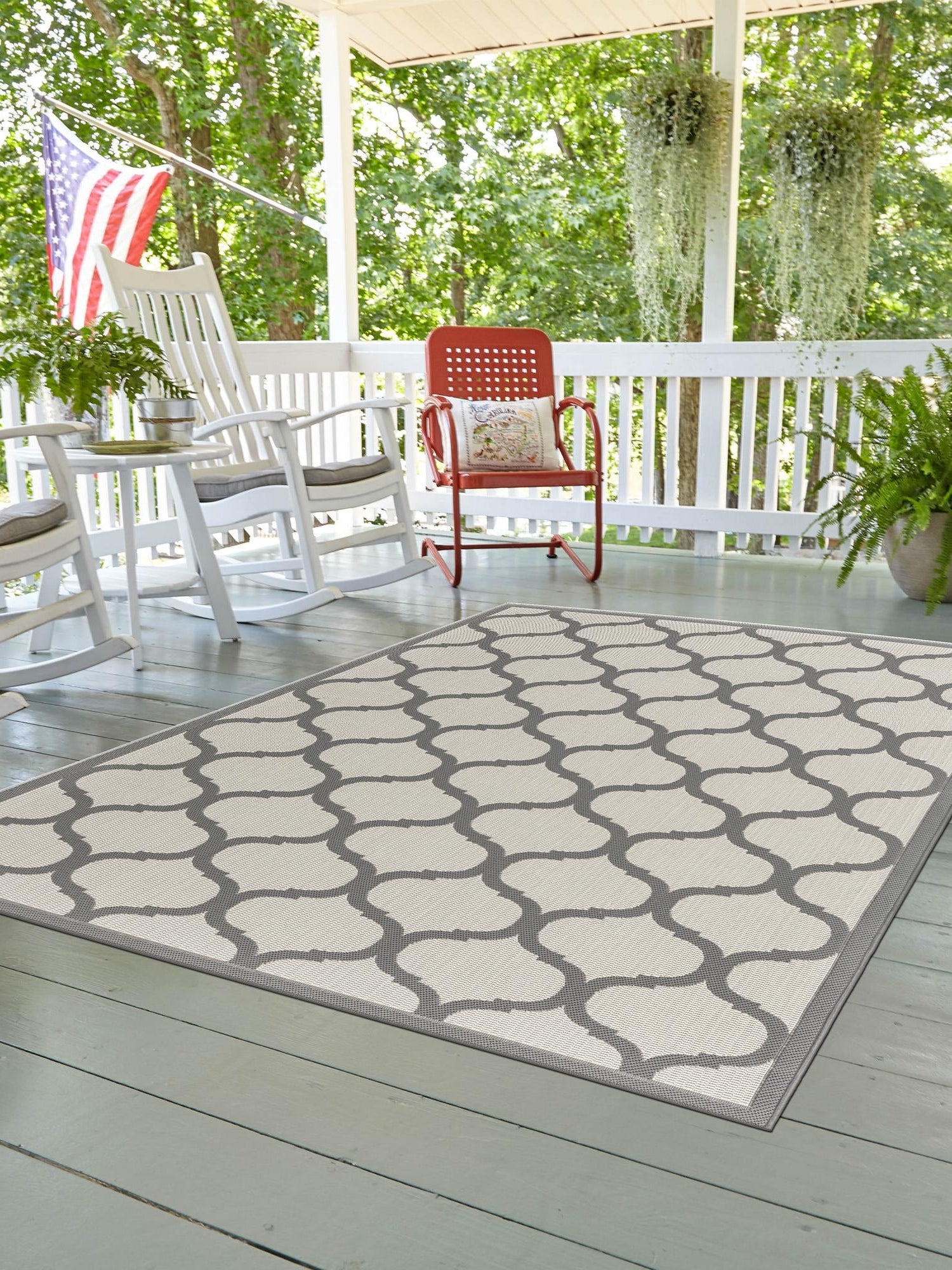 Gray 7' 1 x 10' Outdoor Trellis Rectangle Area Rug Weather Resistant for Patio, Deck, Terrace, Balcony, Porch Geometric Design Water Safe Outside Carpet for Sale at Rug Engine