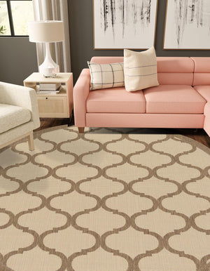 Beige and Brown 6' 1 x 6' 1 Outdoor Trellis Round Rug