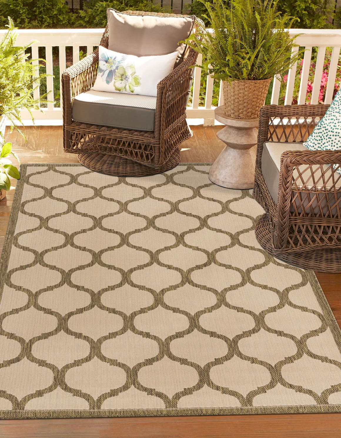 Beige and Brown 7' 1 x 10' Outdoor Trellis Rectangle Area Rug Weather Resistant for Patio, Deck, Terrace, Balcony, Porch Geometric Design Water Safe Outside Carpet for Sale at Rug Engine