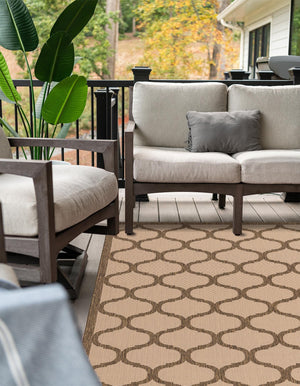 Beige and Brown 6' 1 x 9' Outdoor Trellis Rectangle Area Rug Weather Resistant for Patio, Deck, Terrace, Balcony, Porch Geometric Design Water Safe Outside Carpet for Sale at Rug Engine