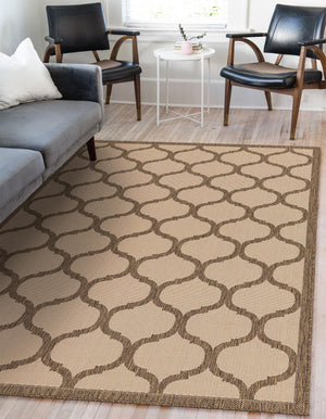 Beige and Brown 6' 1 x 9' Outdoor Trellis Rectangle Area Rug Weather Resistant for Patio, Deck, Terrace, Balcony, Porch Geometric Design Water Safe Outside Carpet for Sale at Rug Engine