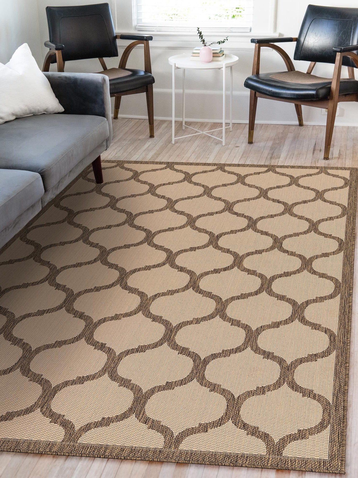 Beige and Brown 2' 2 x 3' 1 Outdoor Trellis Rectangle Area Rug Weather Resistant for Patio, Deck, Terrace, Balcony, Porch Geometric Design Water Safe Outside Carpet for Sale at Rug Engine