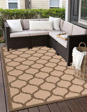 Beige and Brown 6' 1 x 9' Outdoor Trellis Rectangle Area Rug Weather Resistant for Patio, Deck, Terrace, Balcony, Porch Geometric Design Water Safe Outside Carpet for Sale at Rug Engine