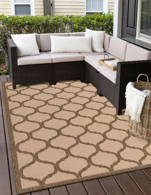 Beige and Brown 6' 1 x 9' Outdoor Trellis Rectangle Area Rug Weather Resistant for Patio, Deck, Terrace, Balcony, Porch Geometric Design Water Safe Outside Carpet for Sale at Rug Engine
