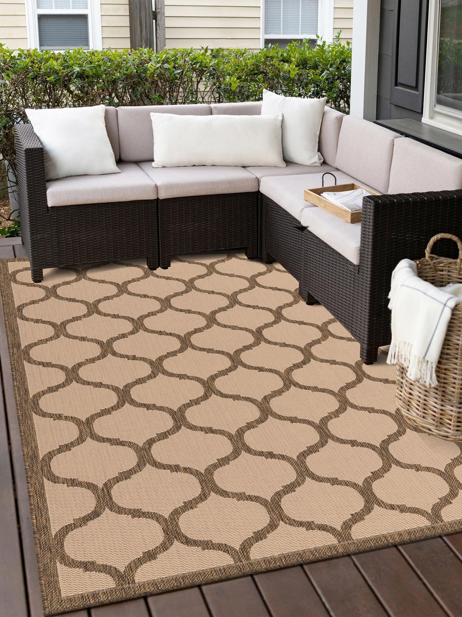 Beige and Brown 7' 1 x 10' Outdoor Trellis Rectangle Area Rug Weather Resistant for Patio, Deck, Terrace, Balcony, Porch Geometric Design Water Safe Outside Carpet for Sale at Rug Engine