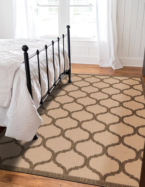 Beige and Brown 6' 1 x 9' Outdoor Trellis Rectangle Area Rug Weather Resistant for Patio, Deck, Terrace, Balcony, Porch Geometric Design Water Safe Outside Carpet for Sale at Rug Engine