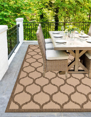 Beige and Brown 6' 1 x 9' Outdoor Trellis Rectangle Area Rug Weather Resistant for Patio, Deck, Terrace, Balcony, Porch Geometric Design Water Safe Outside Carpet for Sale at Rug Engine