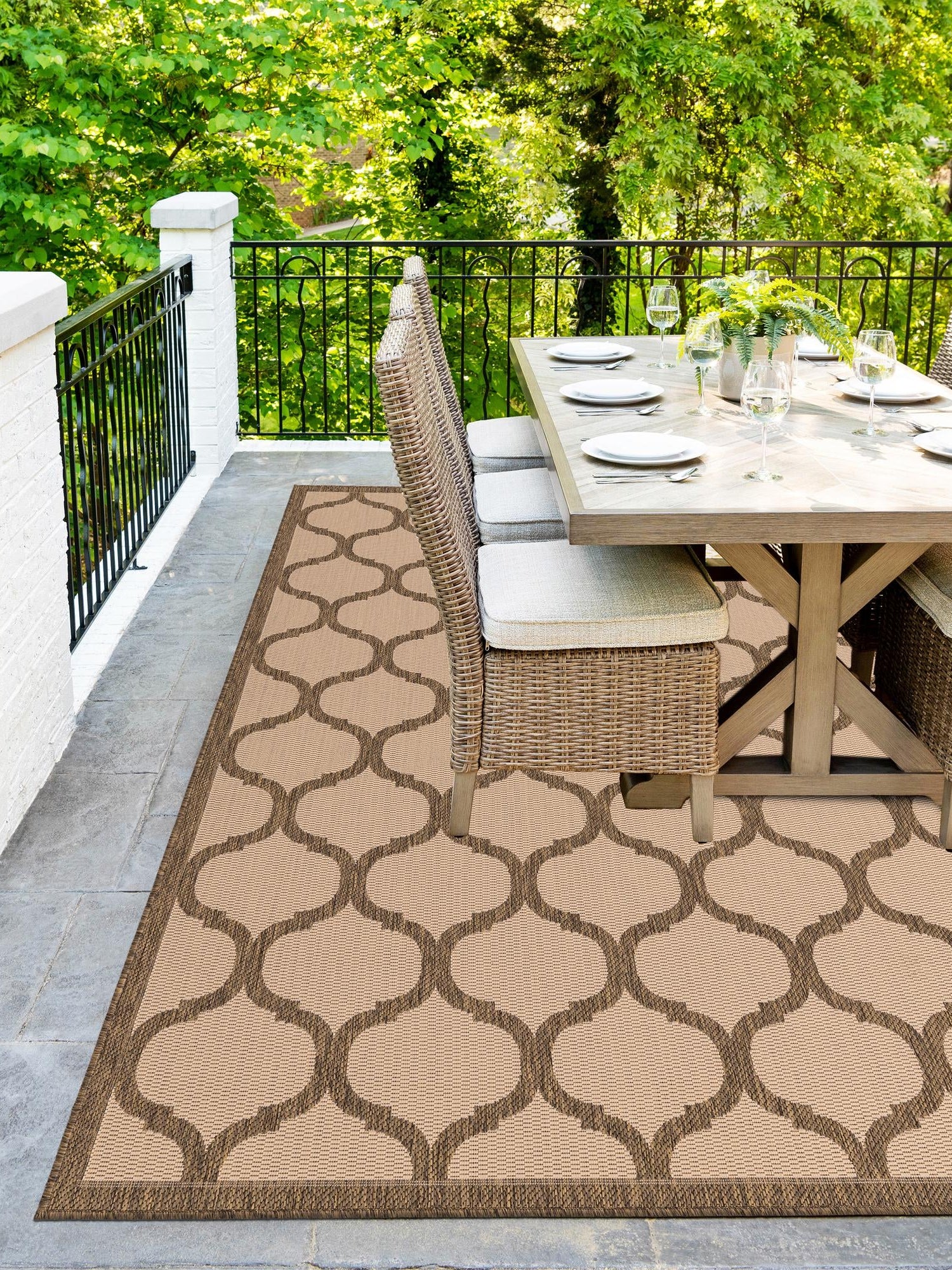 Beige and Brown 7' 1 x 10' Outdoor Trellis Rectangle Area Rug Weather Resistant for Patio, Deck, Terrace, Balcony, Porch Geometric Design Water Safe Outside Carpet for Sale at Rug Engine