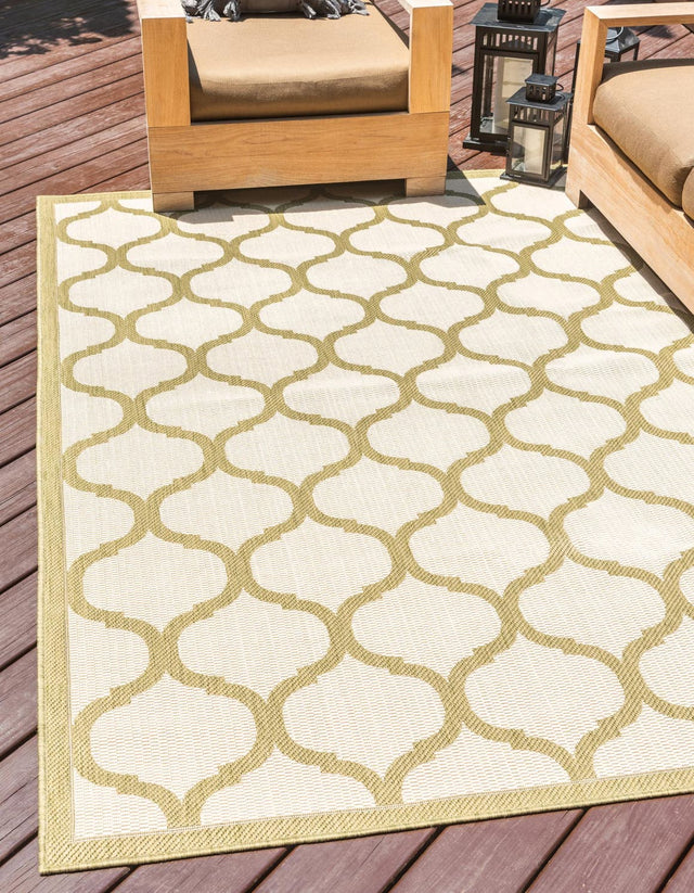 Beige and Olive 7' 1 x 10' Outdoor Trellis Rectangle Area Rug Weather Resistant for Patio, Deck, Terrace, Balcony, Porch