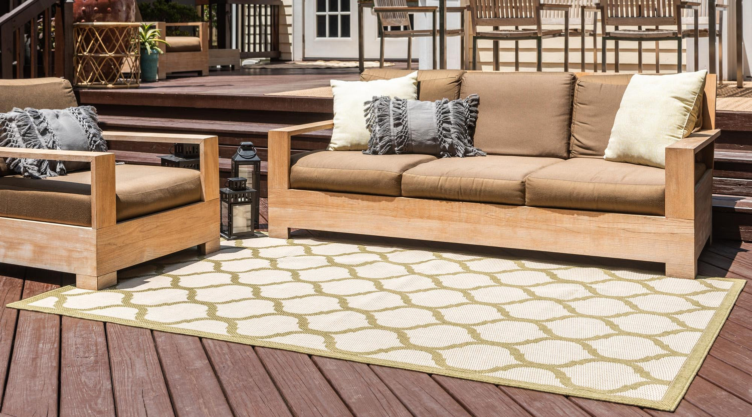 Beige and Olive 7' 1 x 10' Outdoor Trellis Rectangle Area Rug Weather Resistant for Patio, Deck, Terrace, Balcony, Porch Geometric Design Water Safe Outside Carpet for Sale at Rug Engine