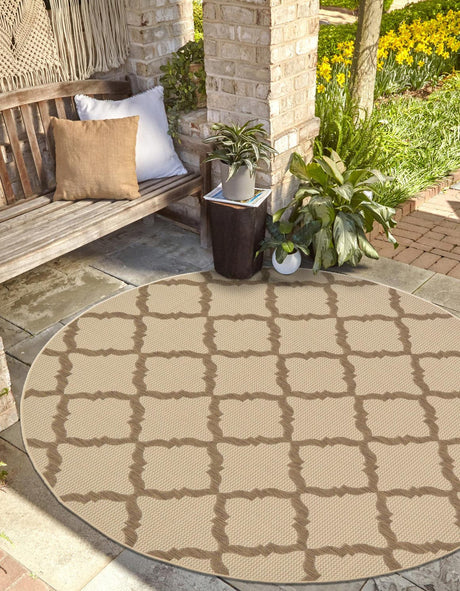 Beige 6' 1 x 6' 1 Outdoor Trellis Round Area Rug Weather Resistant for Patio, Deck, Terrace, Balcony, Porch