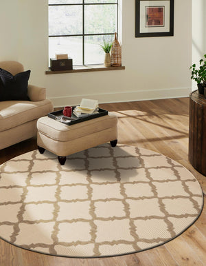 Beige 6' 1 x 6' 1 Outdoor Trellis Round Area Rug Weather Resistant for Patio, Deck, Terrace, Balcony, Porch