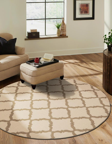 Beige 6' 1 x 6' 1 Outdoor Trellis Round Area Rug Weather Resistant for Patio, Deck, Terrace, Balcony, Porch