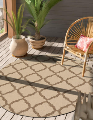 Beige 6' 1 x 6' 1 Outdoor Trellis Round Area Rug Weather Resistant for Patio, Deck, Terrace, Balcony, Porch