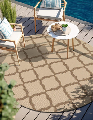 Beige 6' 1 x 6' 1 Outdoor Trellis Round Area Rug Weather Resistant for Patio, Deck, Terrace, Balcony, Porch