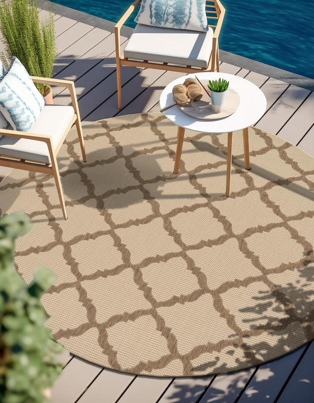 Beige 6' 1 x 6' 1 Outdoor Trellis Round Area Rug Weather Resistant for Patio, Deck, Terrace, Balcony, Porch