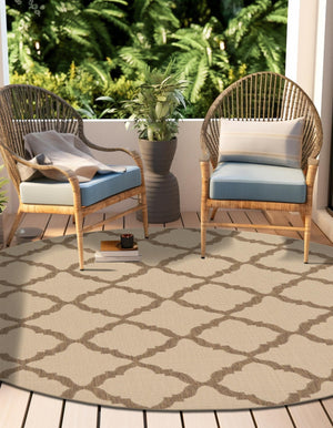 Beige 6' 1 x 6' 1 Outdoor Trellis Round Area Rug Weather Resistant for Patio, Deck, Terrace, Balcony, Porch