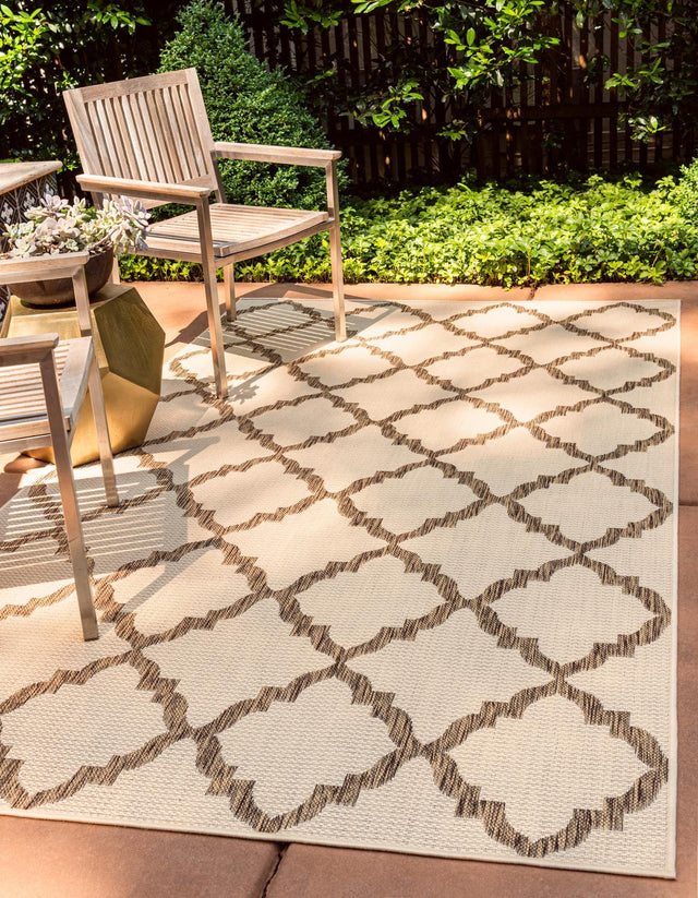 Beige 8' x 11' 4 Outdoor Trellis Rectangle Area Rug Weather Resistant for Patio, Deck, Terrace, Balcony, Porch Geometric Design Water Safe Outside Carpet for Sale at Rug Engine