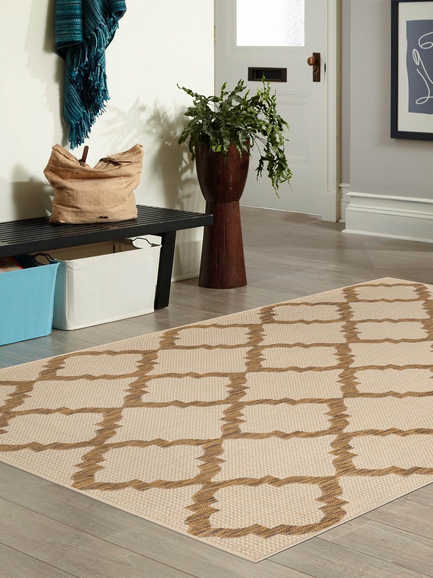 Beige 2' 2 x 3' 1 Outdoor Trellis Rectangle Area Rug Weather Resistant for Patio, Deck, Terrace, Balcony, Porch Geometric Design Water Safe Outside Carpet for Sale at Rug Engine