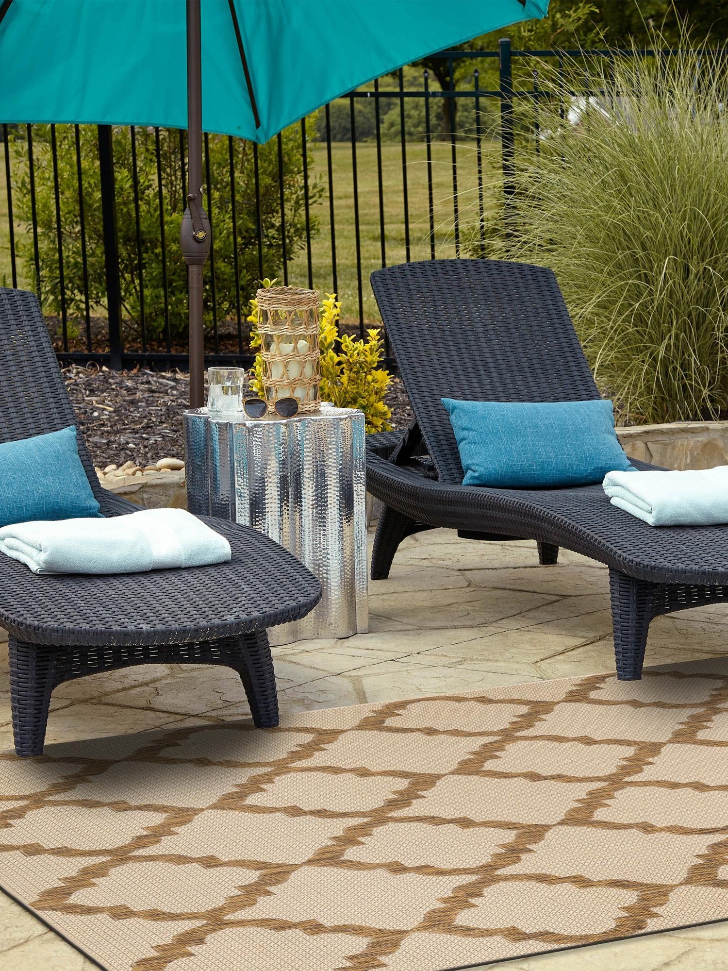 Beige 2' 2 x 3' 1 Outdoor Trellis Rectangle Area Rug Weather Resistant for Patio, Deck, Terrace, Balcony, Porch Geometric Design Water Safe Outside Carpet for Sale at Rug Engine
